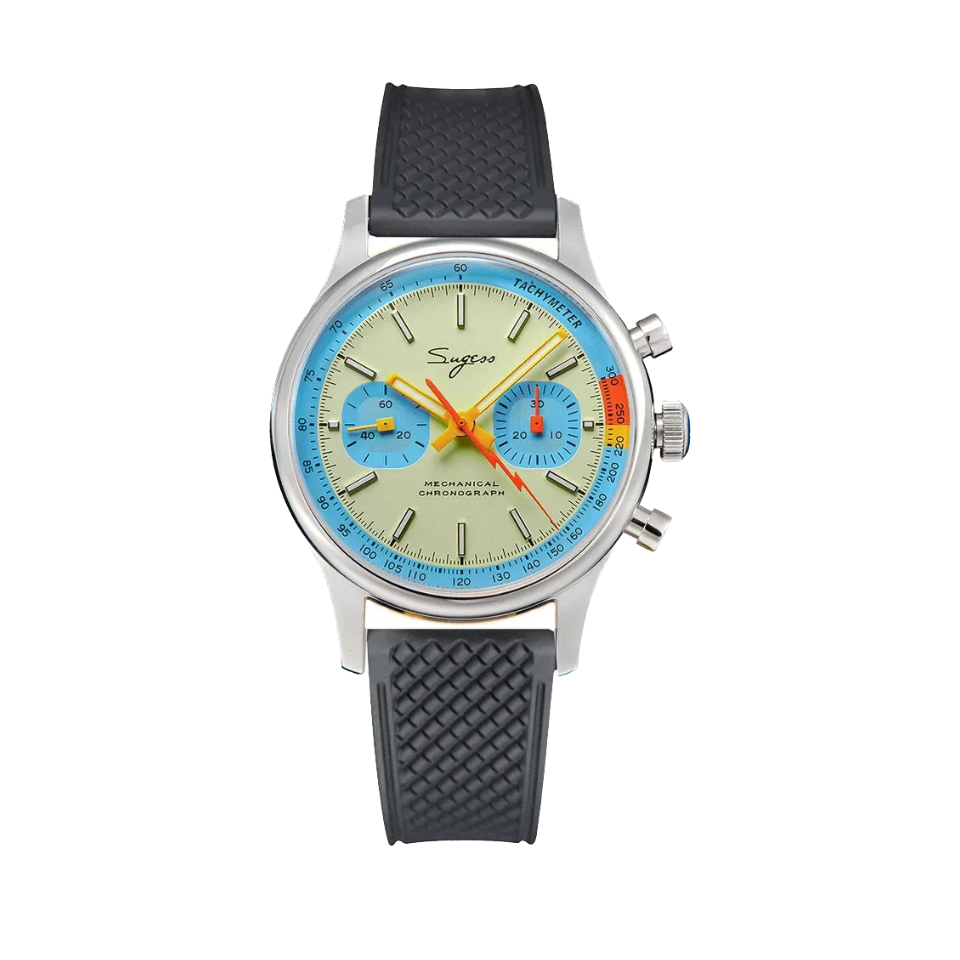 Sugess 1963 pilot chronograph cream dial blue ring on black rubber, front