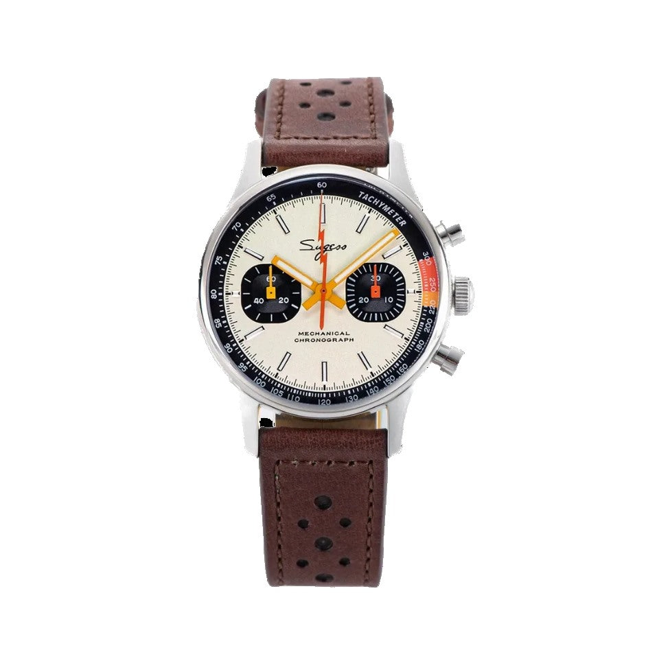Sugess 1963 pilot chronograph panda dial on brown leather rally strap