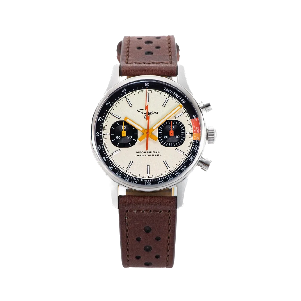 Sugess 1963 pilot chronograph panda dial on brown leather rally strap