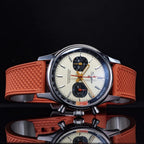 Sugess 1963 pilot chronograph panda dial on orange rubber, angled detail