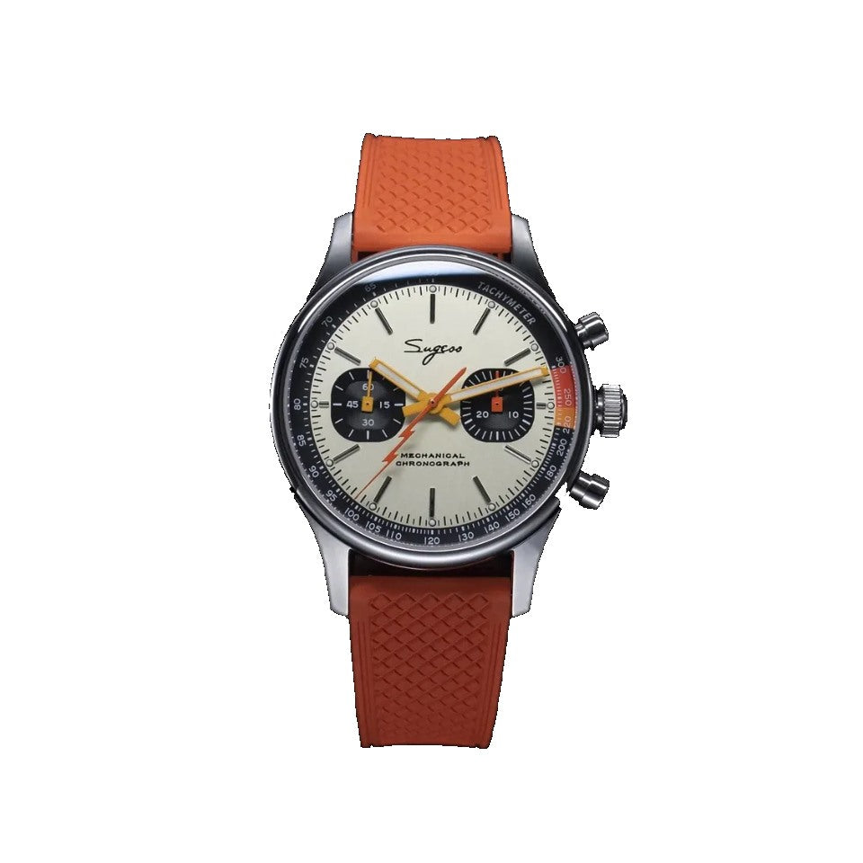 Sugess 1963 pilot chronograph panda dial on orange rubber strap, front