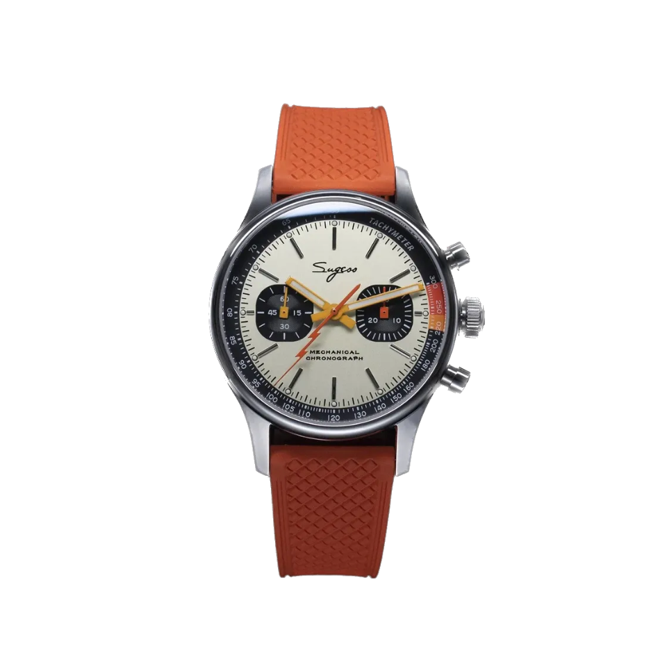 Sugess 1963 pilot chronograph panda dial on orange rubber strap, front