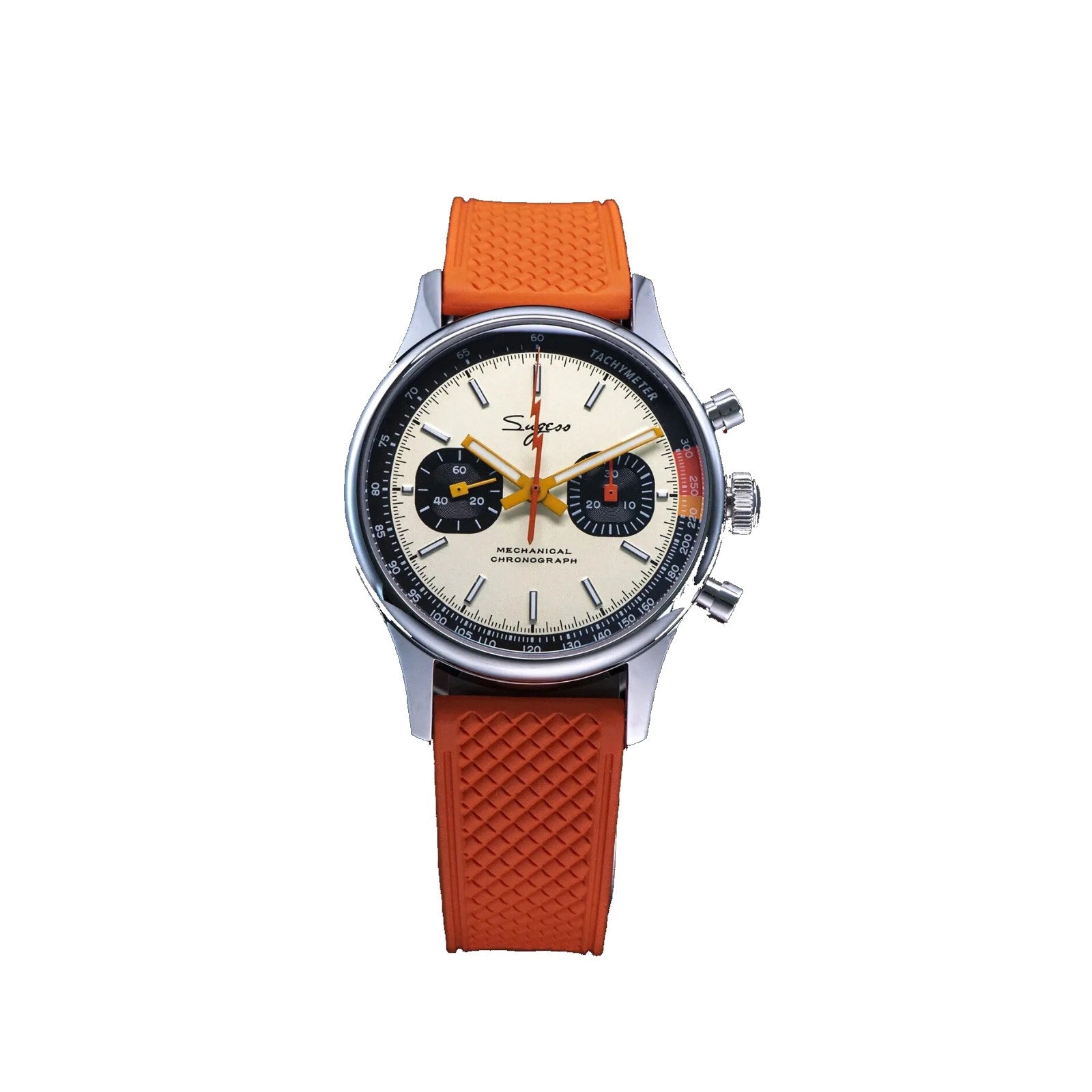 Sugess 1963 pilot chronograph panda watch with cream dial on orange rubber