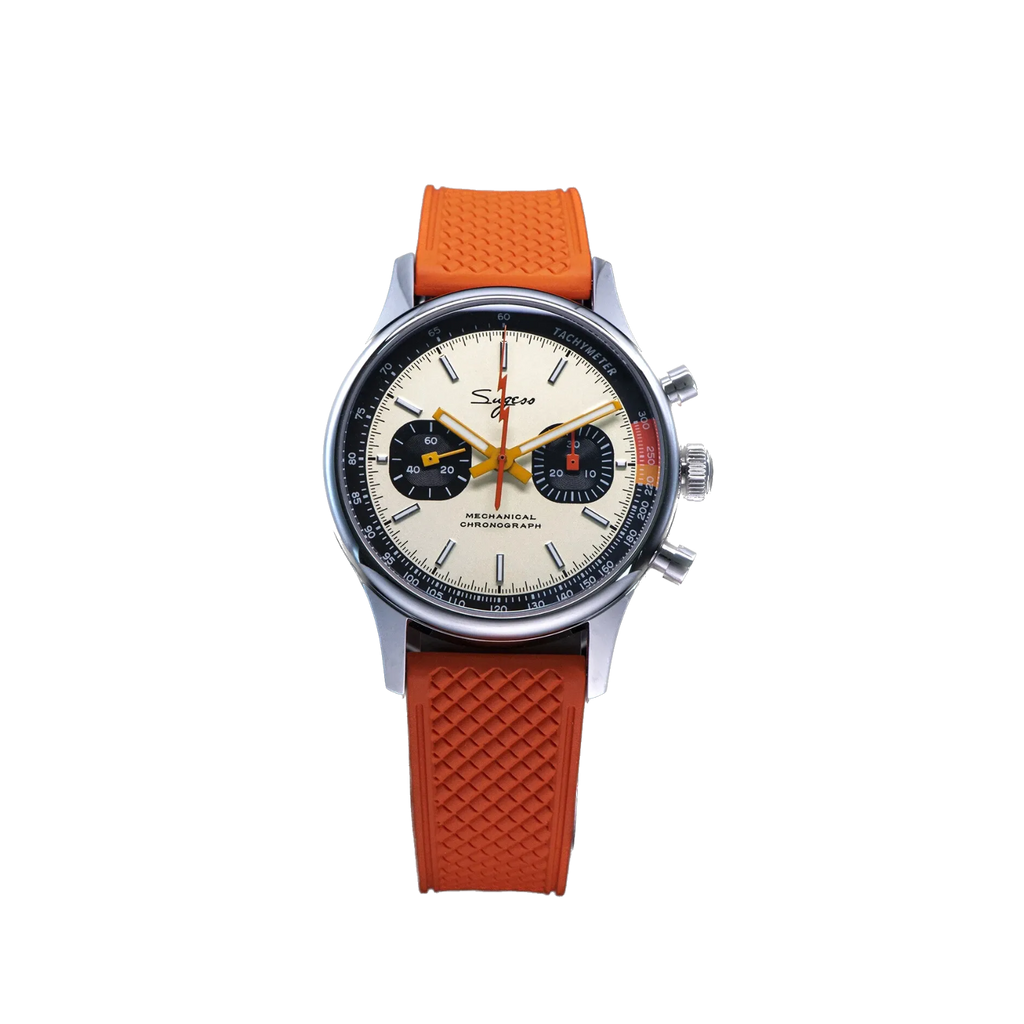 Sugess 1963 pilot chronograph panda watch with cream dial on orange rubber