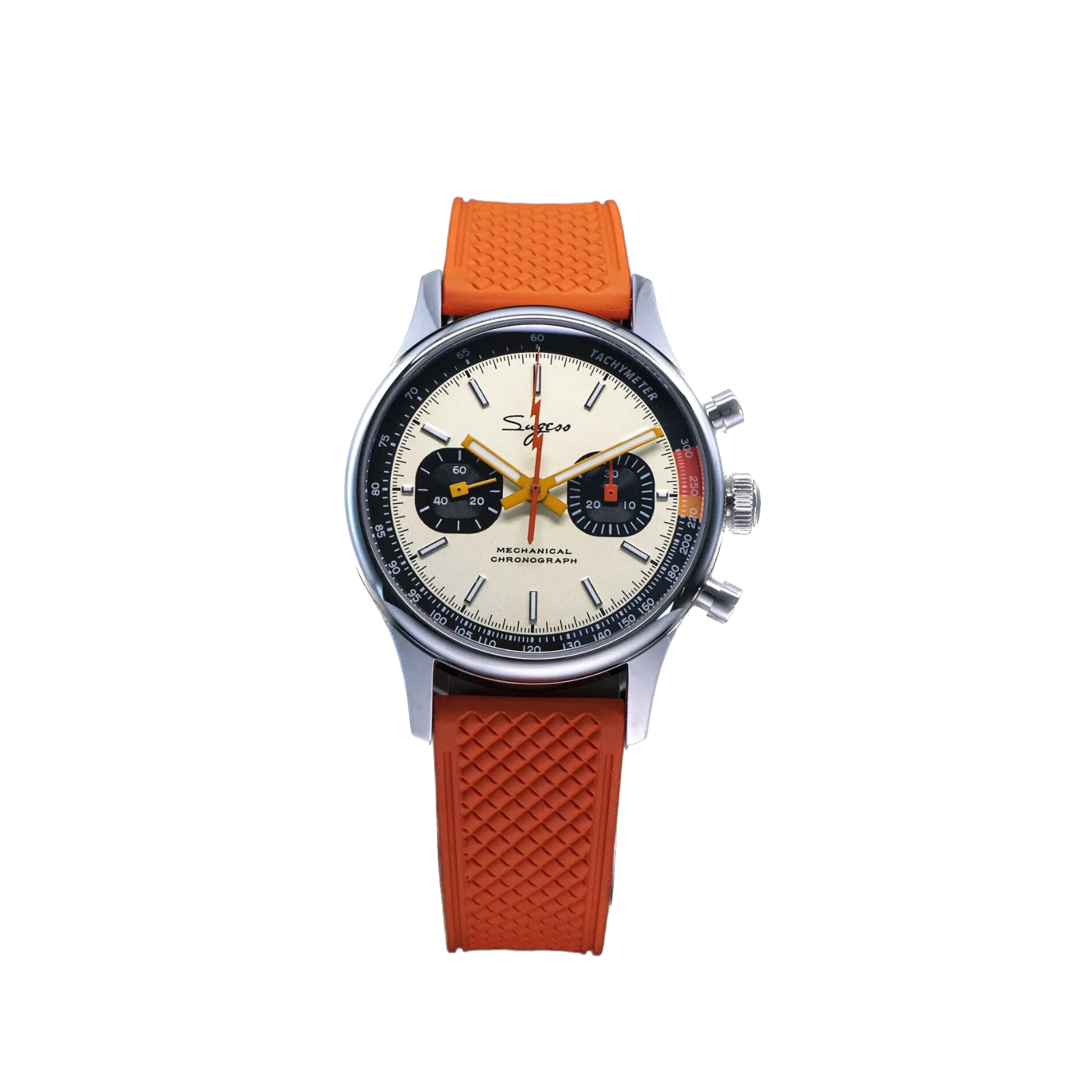 Sugess 1963 pilot chronograph panda watch with cream dial on orange rubber