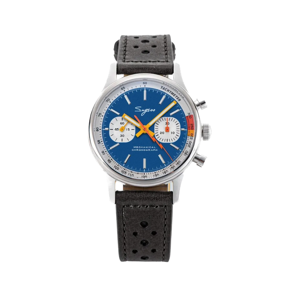 Sugess 1963 pilot chronograph watch with blue dial, front view