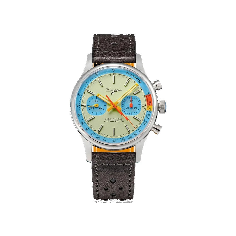 Sugess 1963 pilot chronograph watch with cream dial and blue ring, front view