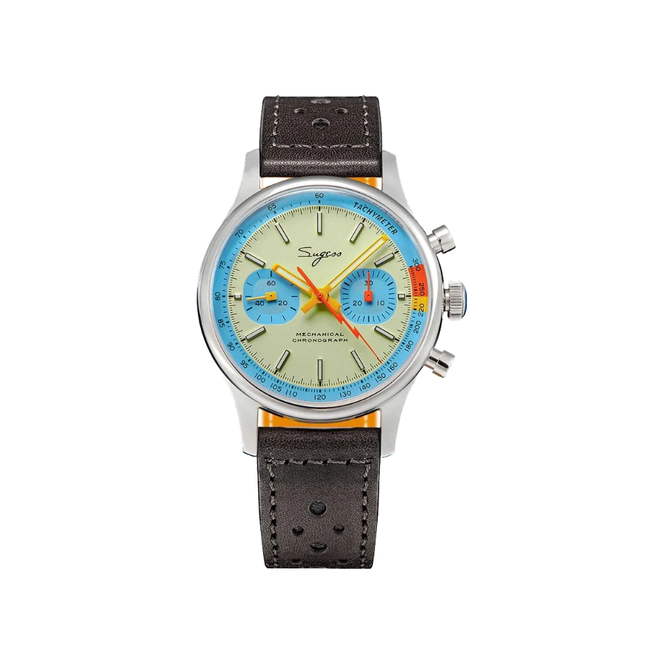 Sugess 1963 pilot chronograph watch with cream dial and blue ring, front view