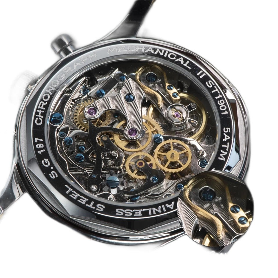 Sugess 1963 pilot ST19 caseback showing exclusive swanneck movement