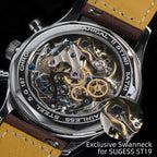Sugess 1963 pilot ST19 caseback showing exclusive swanneck movement