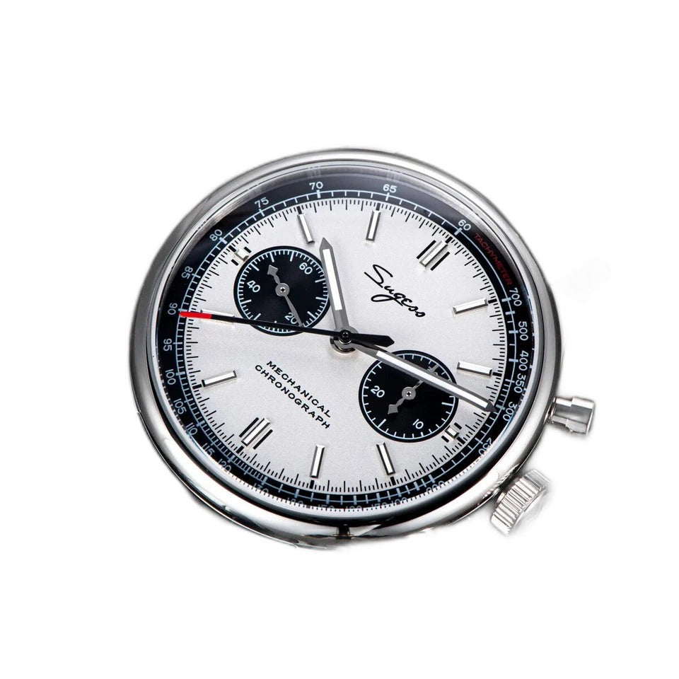 Sugess 1963 V3 men's chronograph panda watch with white dial black subdials and black leather strap