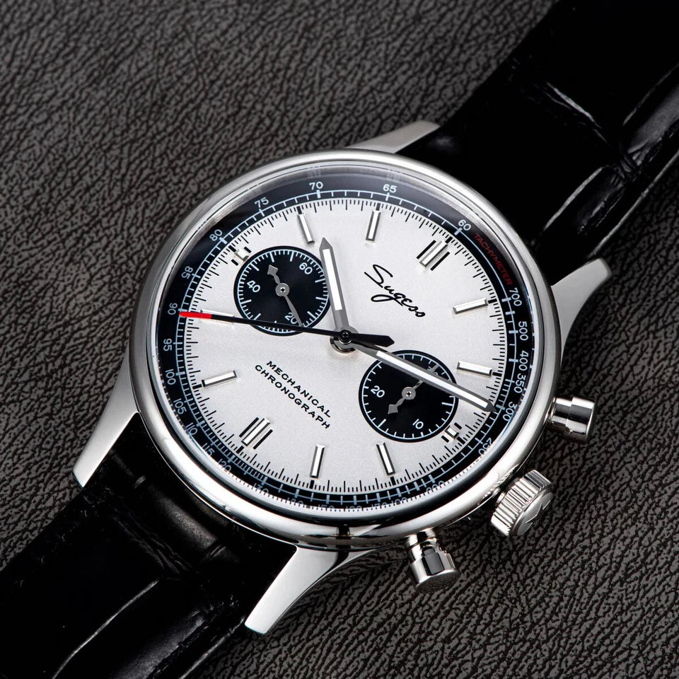 Sugess 1963 V3 men's chronograph panda watch with white dial black subdials and black leather strap