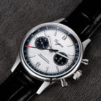 Sugess 1963 V3 men's chronograph panda watch with white dial black subdials and black leather strap