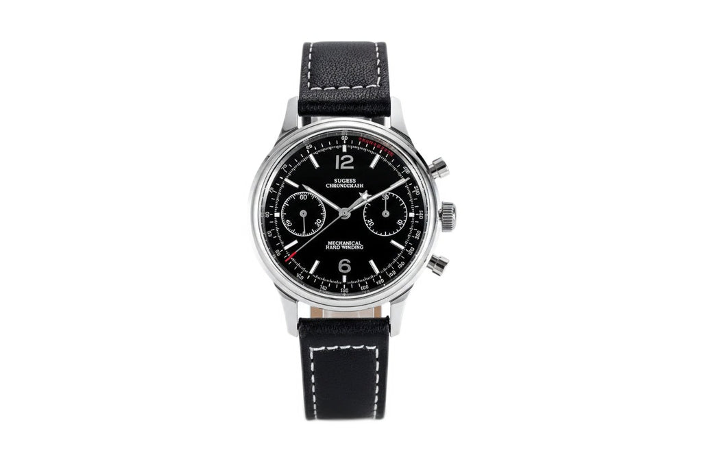Sugess 1963 V3 chronograph watch with black dial, silver sub-dials and black leather strap front view