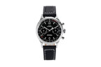 Sugess 1963 V3 chronograph watch with black dial, silver sub-dials and black leather strap front view