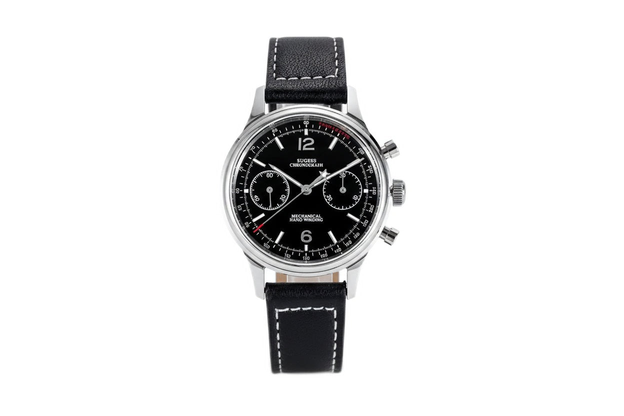 Sugess 1963 V3 chronograph watch with black dial, silver sub-dials and black leather strap front view