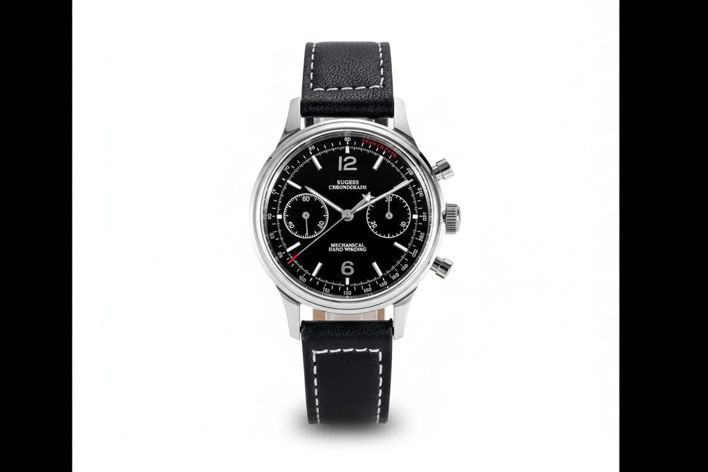 Sugess 1963 V3 chronograph watch with black dial, silver sub-dials and black leather strap front view