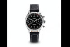 Sugess 1963 V3 chronograph watch with black dial, silver sub-dials and black leather strap front view