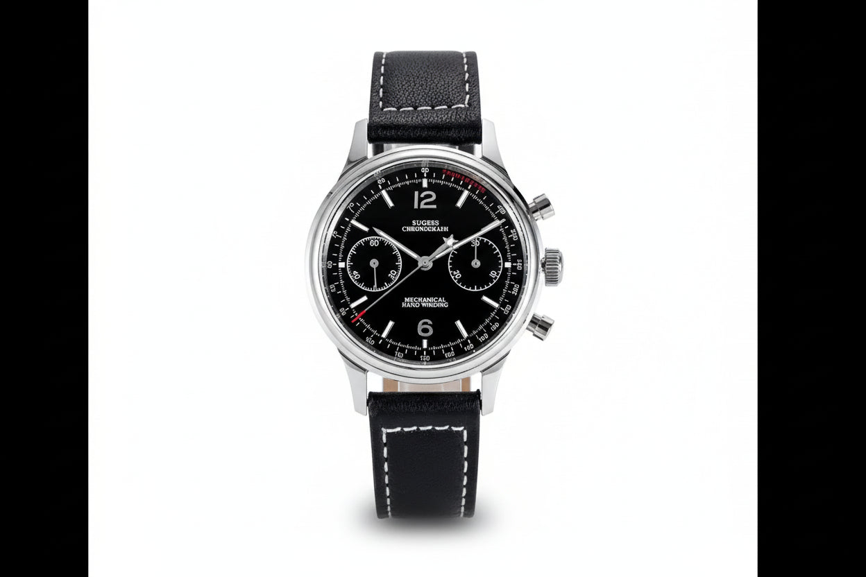 Sugess 1963 V3 chronograph watch with black dial, silver sub-dials and black leather strap front view