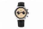 Sugess 1963 V3 chronograph watch with cream dial, black sub-dials and black leather strap front view