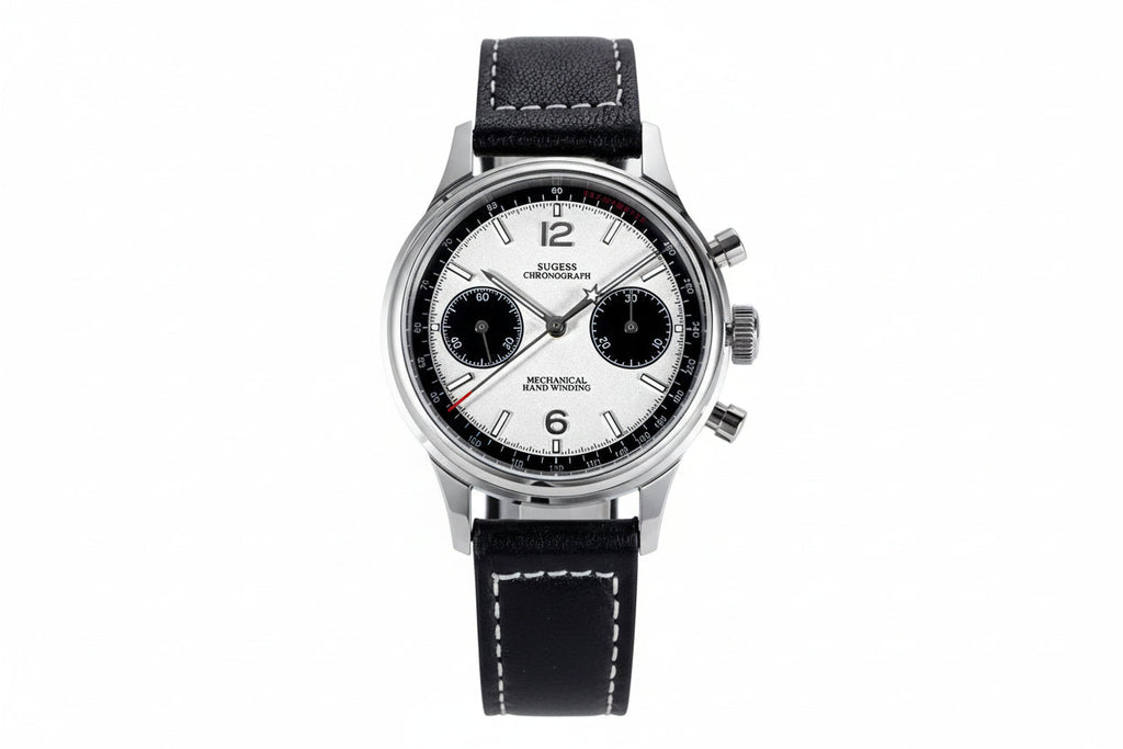 Sugess 1963 V3 chronograph panda watch with white dial, black sub-dials and black leather strap front