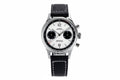 Sugess 1963 V3 chronograph panda watch with white dial, black sub-dials and black leather strap front