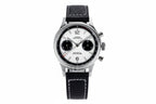 Sugess 1963 V3 chronograph panda watch with white dial, black sub-dials and black leather strap front