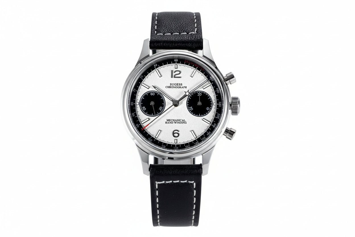 Sugess 1963 V3 chronograph panda watch with white dial, black sub-dials and black leather strap front