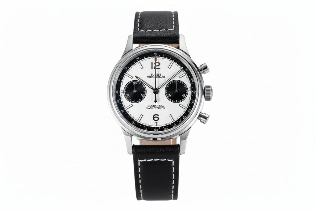 Sugess 1963 V3 chronograph panda watch with white dial, black sub-dials and black leather strap front