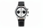 Sugess 1963 V3 chronograph panda watch with white dial, black sub-dials and black leather strap front