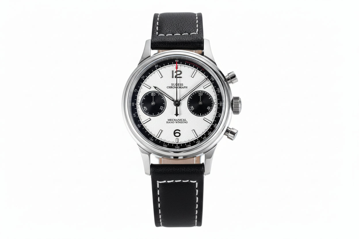 Sugess 1963 V3 chronograph panda watch with white dial, black sub-dials and black leather strap front