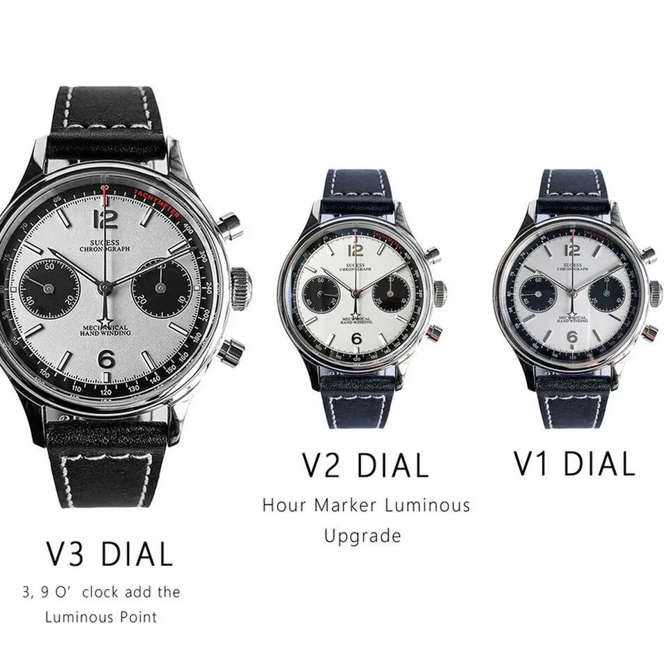 Sugess 1963 chronograph V1 V2 V3 dial version comparison graphic with leather straps