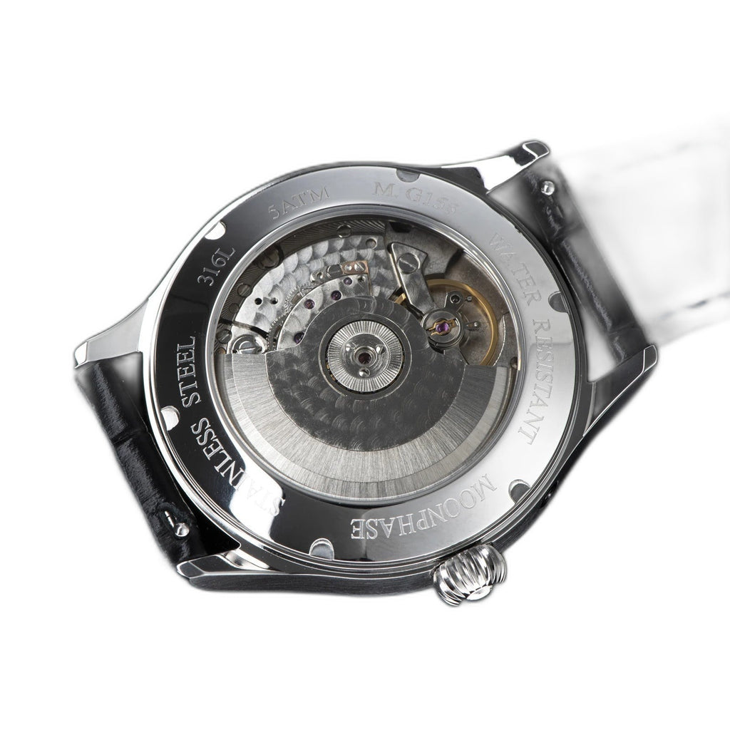 Sugess 2528M-1 men's automatic moonphase watch with blue starry dial, side profile view