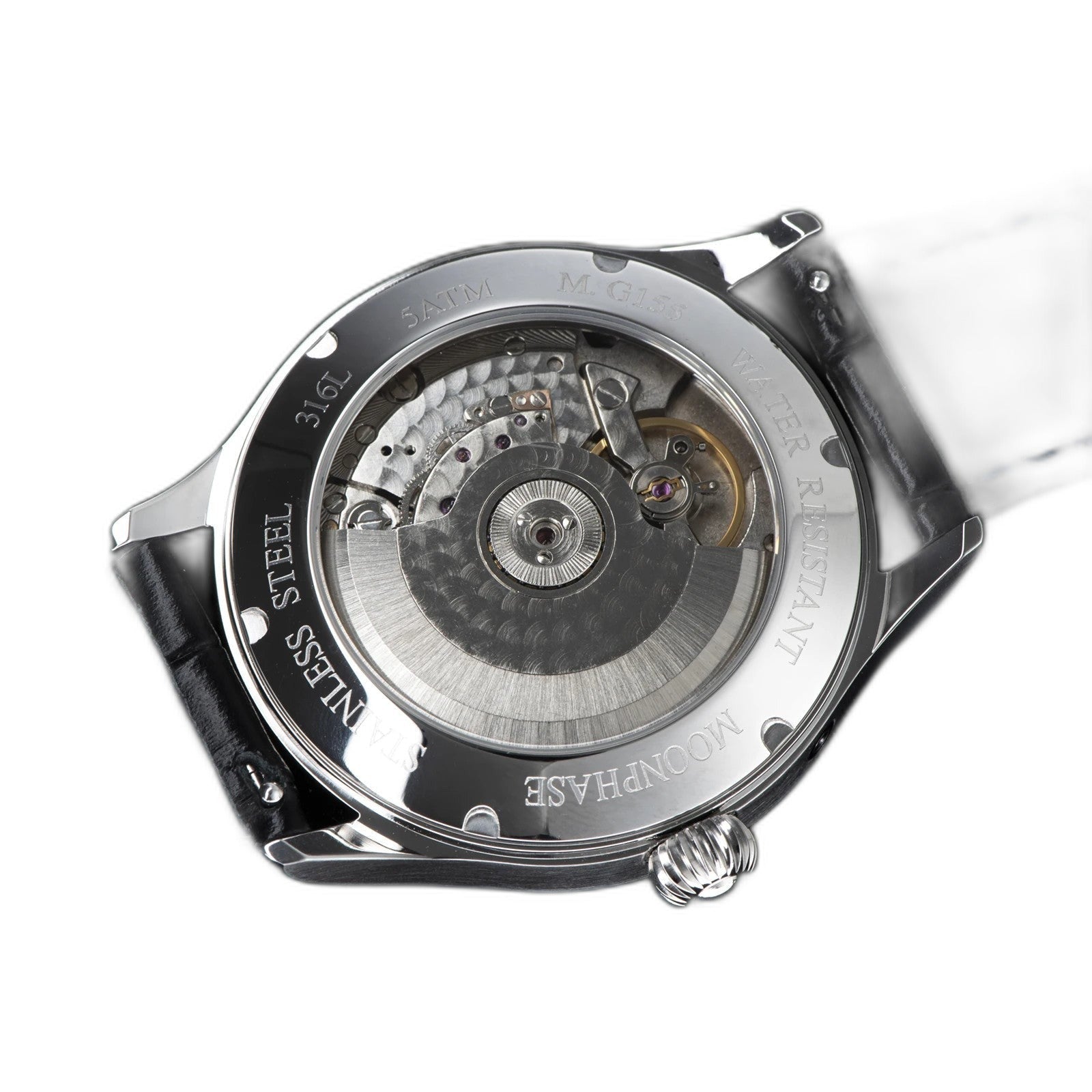 Sugess 2528M-1 men's automatic moonphase watch with blue starry dial, side profile view