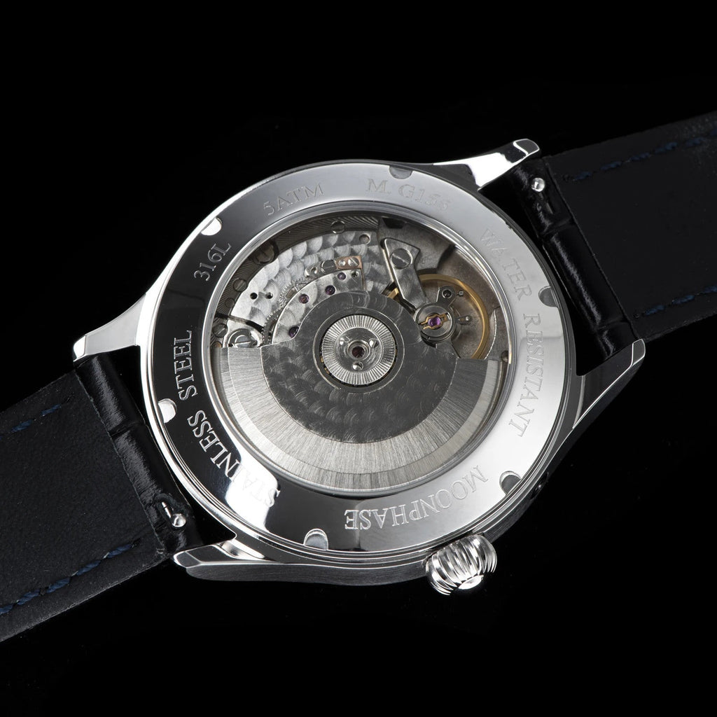 Sugess 2528M-1 men's automatic moonphase watch with blue starry dial, side profile view