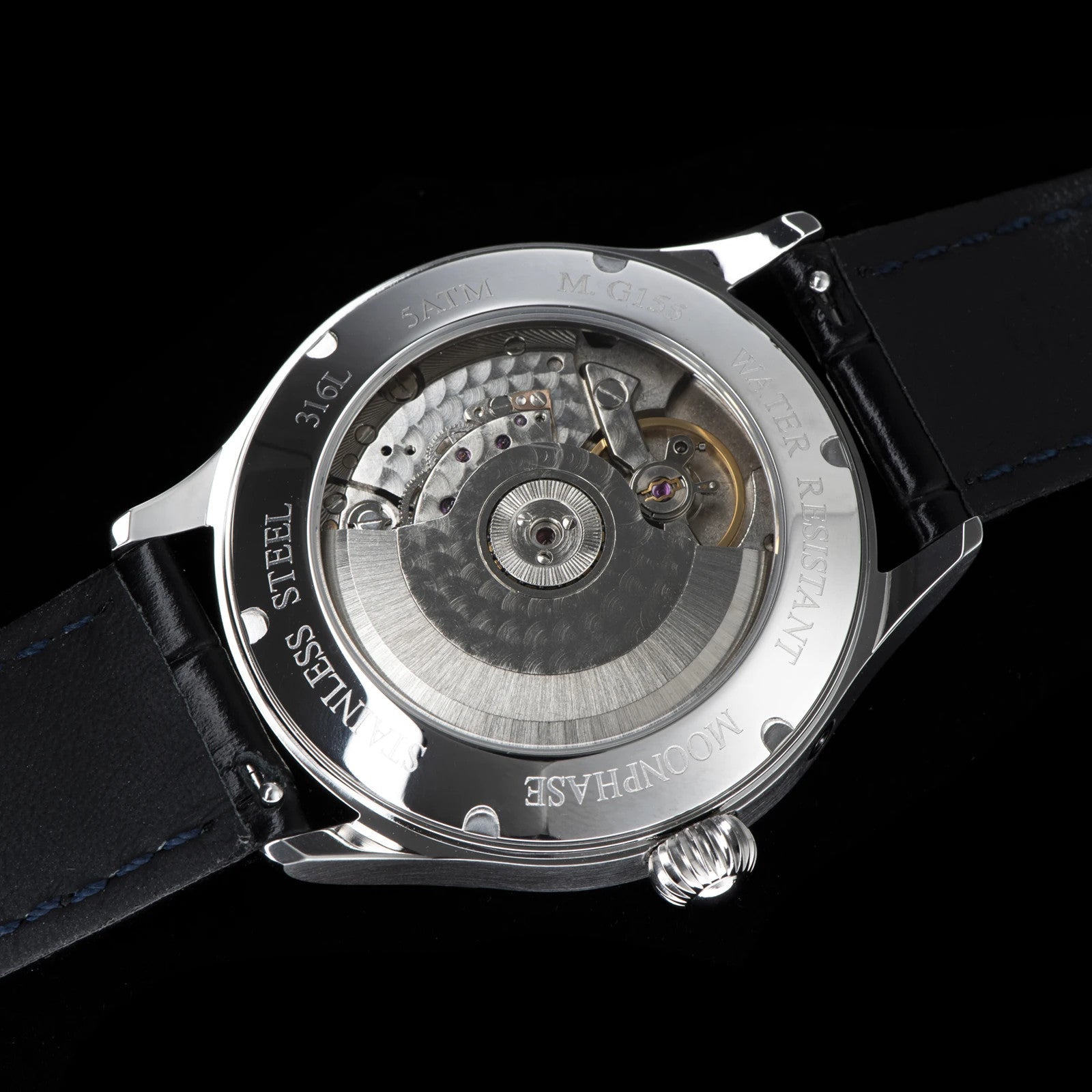 Sugess 2528M-1 men's automatic moonphase watch with blue starry dial, side profile view