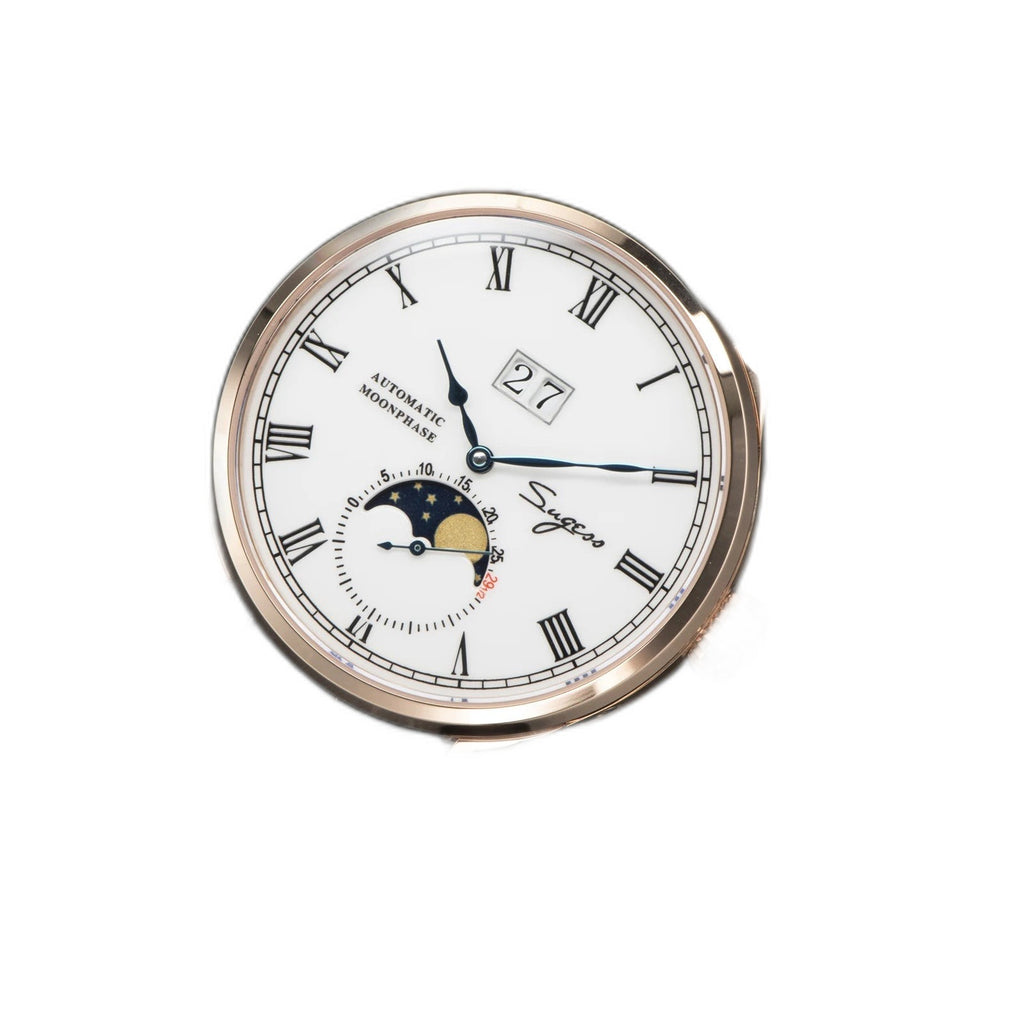 Sugess 2528M-1 moonphase watch with white dial, rose gold case and brown leather strap angle view