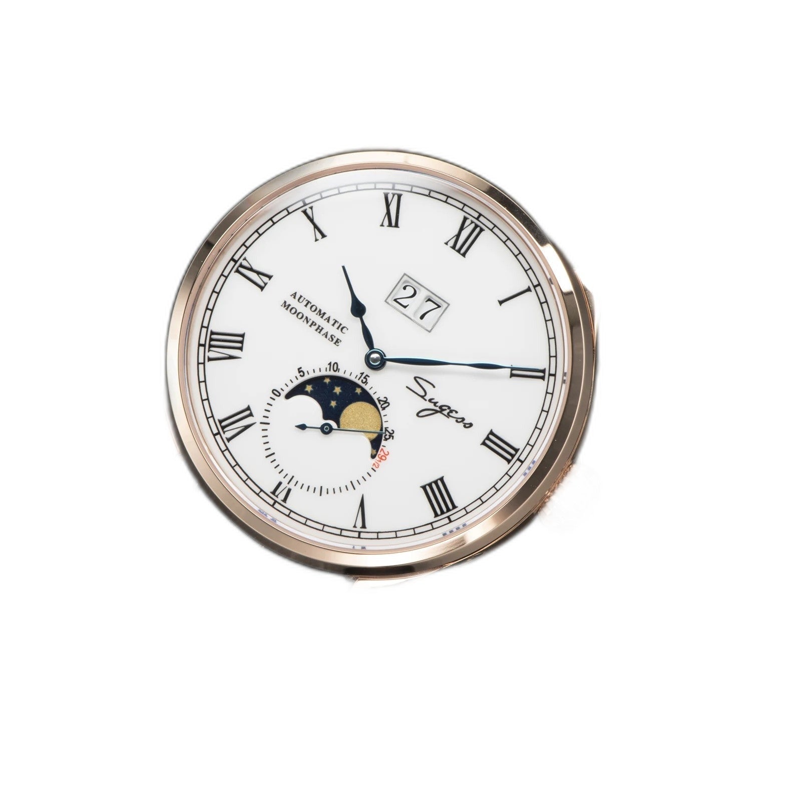 Sugess 2528M-1 moonphase watch with white dial, rose gold case and brown leather strap angle view