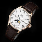 Sugess 2528M-1 moonphase watch with white dial, rose gold case and brown leather strap angle view