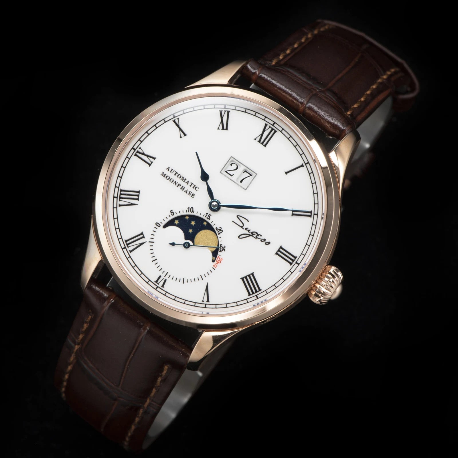 Sugess 2528M-1 moonphase watch with white dial, rose gold case and brown leather strap angle view