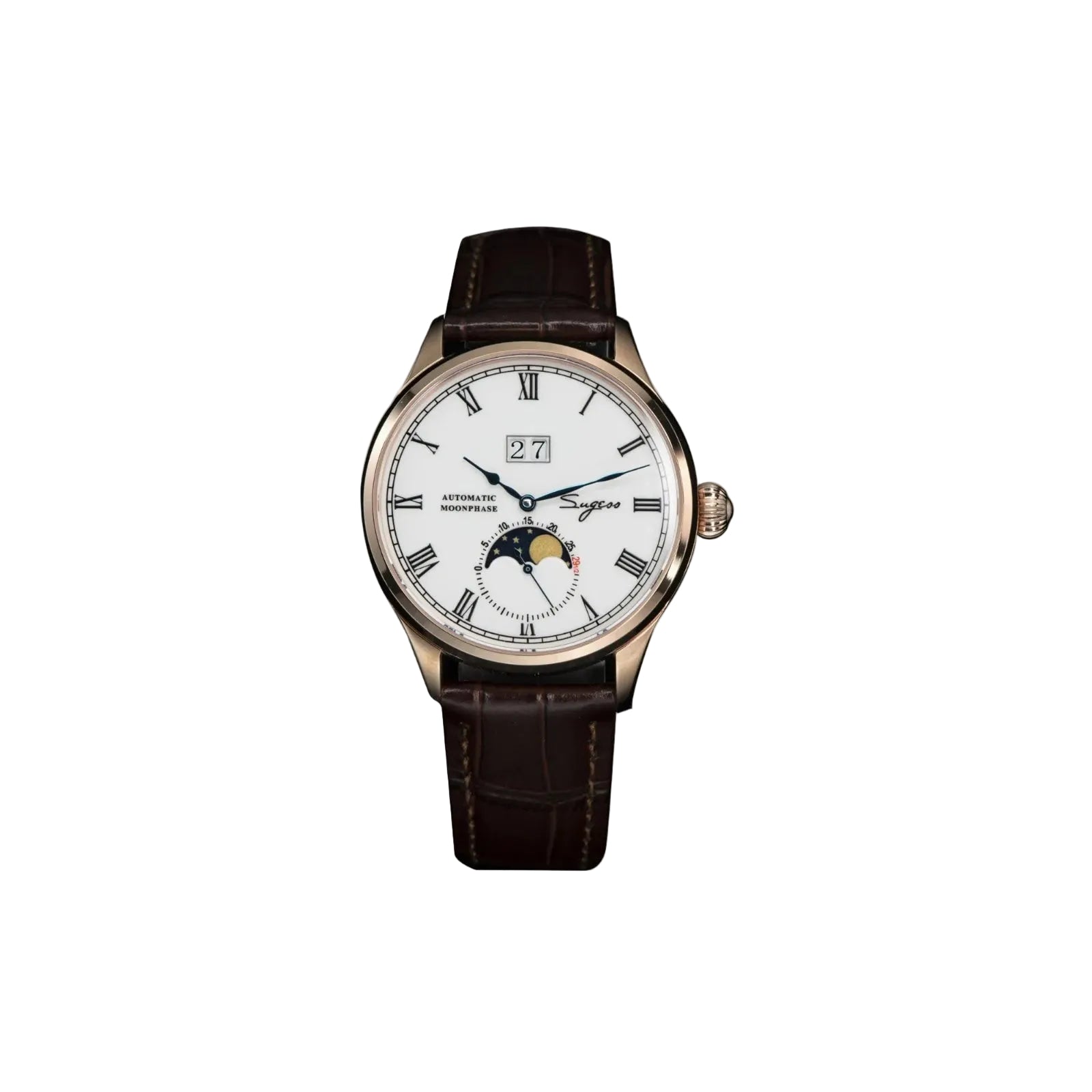 Sugess 2528M-1 automatic moonphase watch with white dial, rose gold case and brown leather strap front