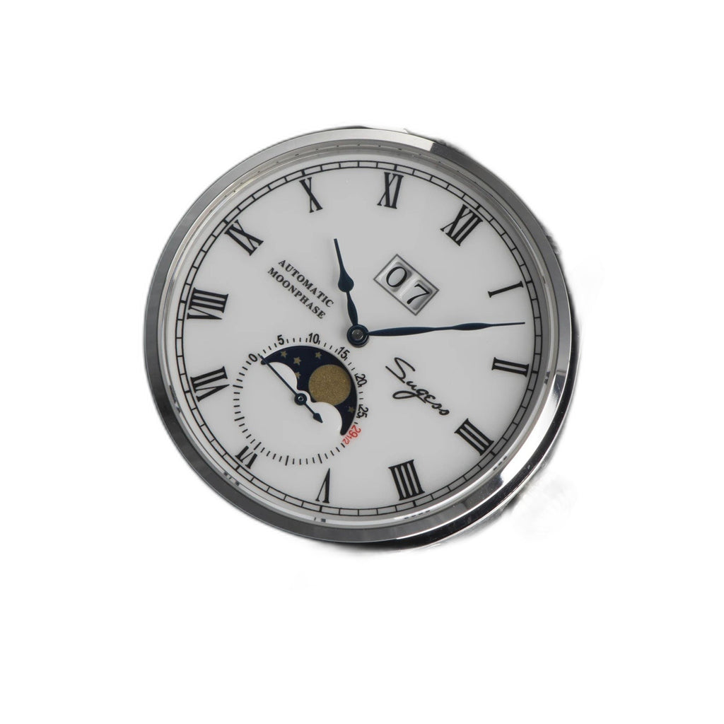 Sugess 2528M-1 moonphase watch dial detail with white dial, big date and moonphase sub-dial
