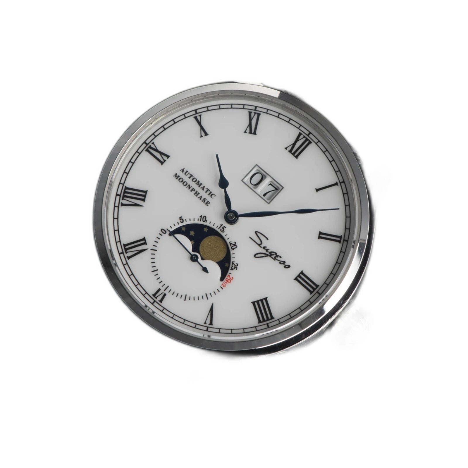 Sugess 2528M-1 moonphase watch dial detail with white dial, big date and moonphase sub-dial