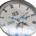 Sugess 2528M-1 moonphase watch dial close-up with white face, blue hands, big date and moonphase