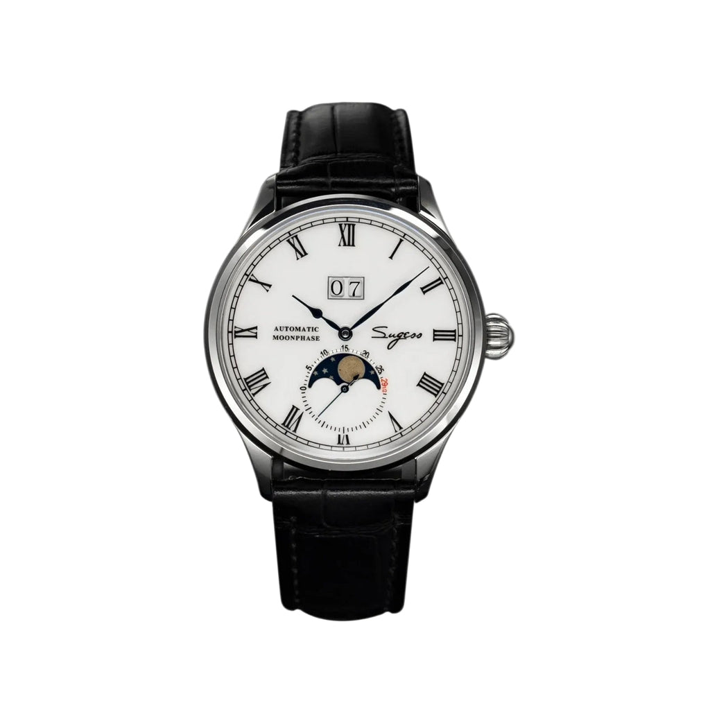 Sugess 2528M-1 automatic moonphase watch with white dial, silver case and black leather strap front view