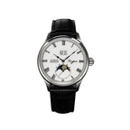 Sugess 2528M-1 automatic moonphase watch with white dial, silver case and black leather strap front view