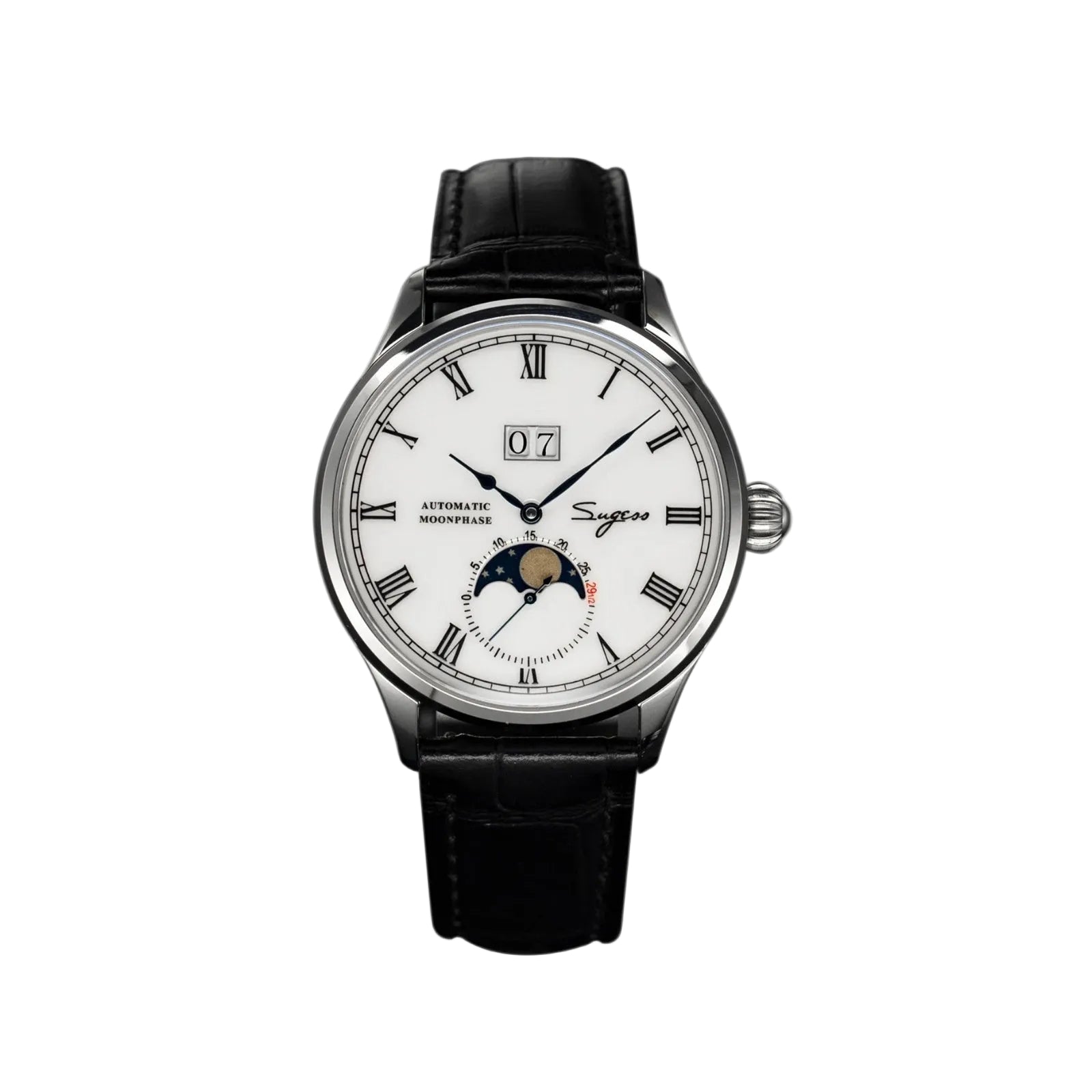 Sugess 2528M-1 automatic moonphase watch with white dial, silver case and black leather strap front view