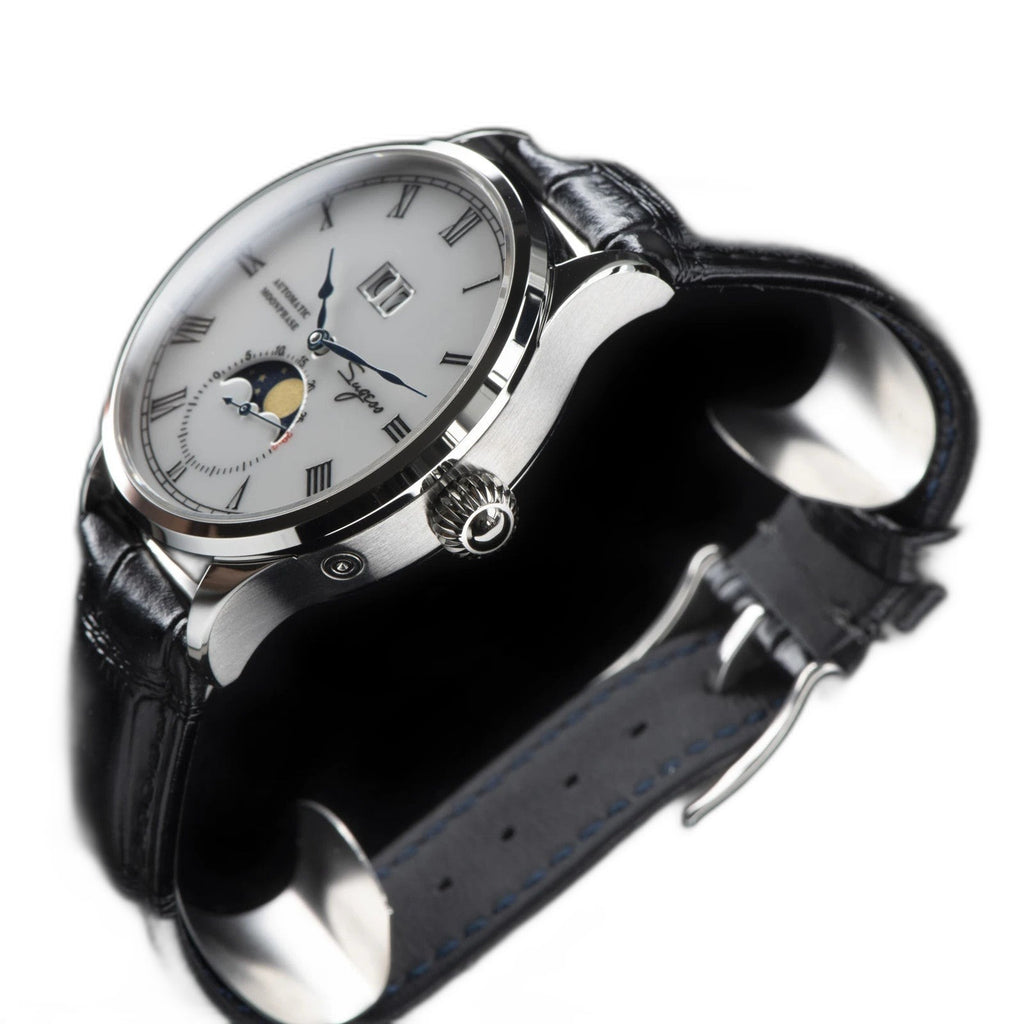Sugess 2528M-1 moonphase watch side view with white dial, silver case and black leather strap