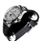 Sugess 2528M-1 moonphase watch side view with white dial, silver case and black leather strap