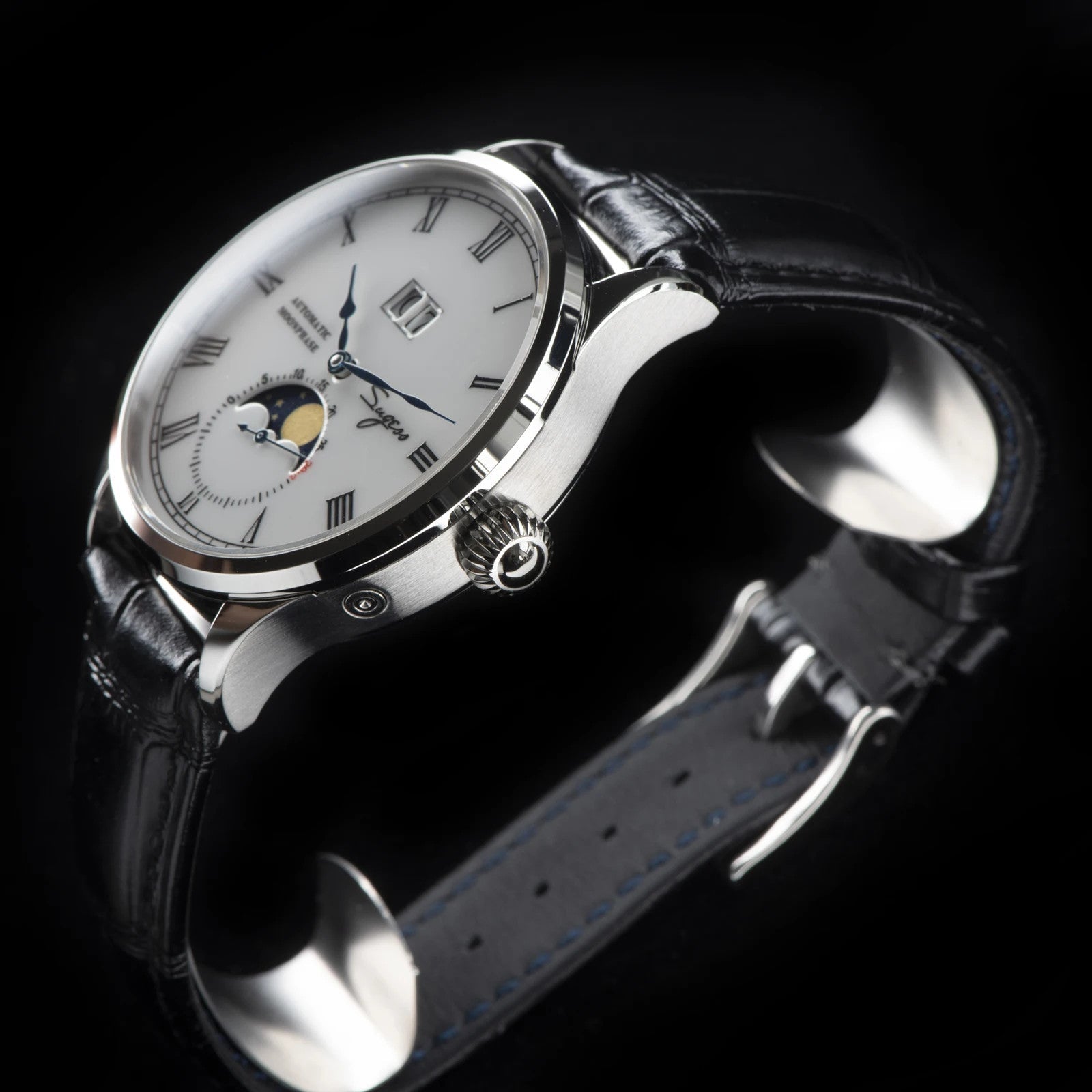 Sugess 2528M-1 moonphase watch side view with white dial, silver case and black leather strap